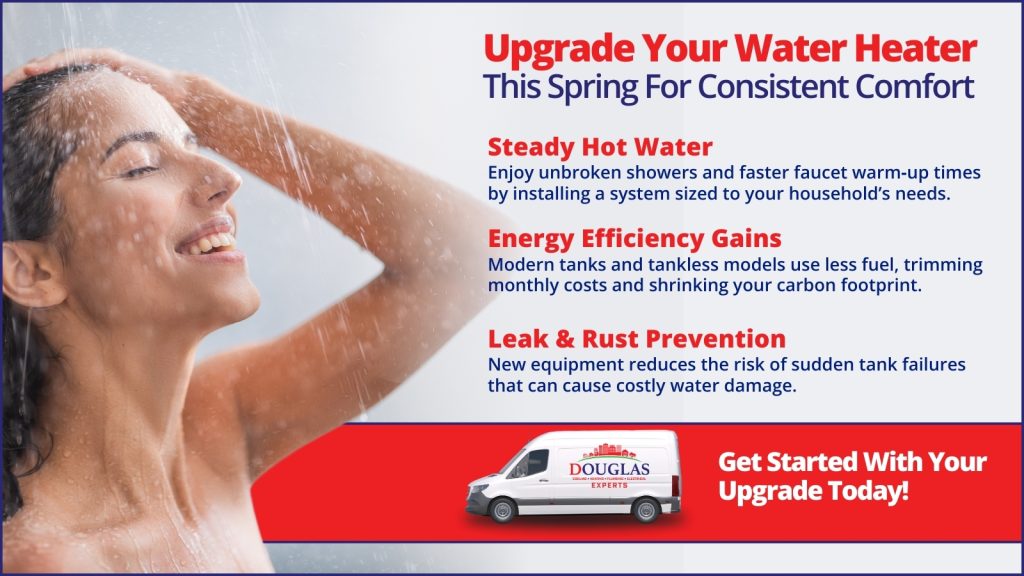 This is an image of a woman enjoying a hot shower. The headline reads upgrade your water heater this spring for consistent comfort.