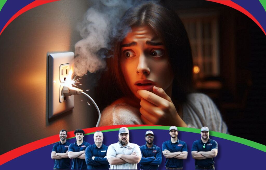 This is an image of an outlet smoking and sparking in a woman frightened as it happens. Overlaid is the Douglas teen.