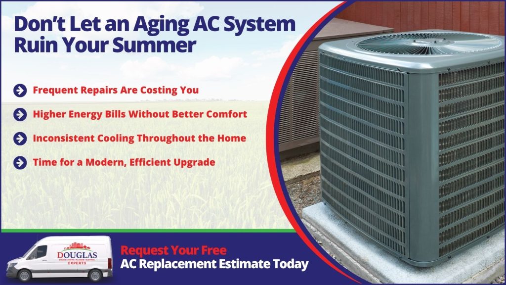 This is an image of a new air-conditioning unit. The headline reads don't let an aging system ruin your summer.