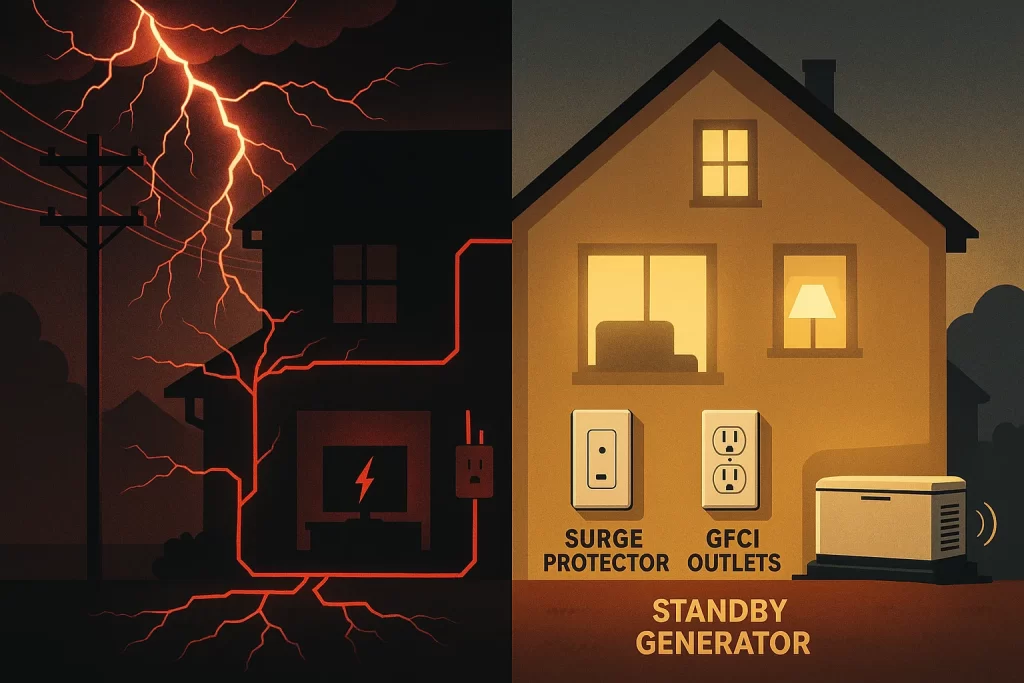 Split-scene surge-damaged home vs protected home with surge, GFCI, and generator systems