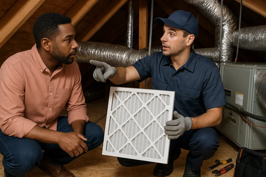 Homeowner learns AC maintenance tips during attic air filter replacement