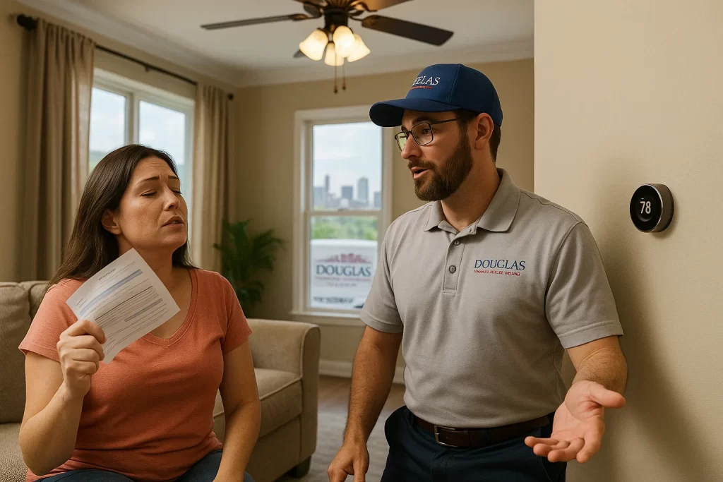Homeowner discusses energy bill with HVAC technician near thermostat in Alabama living room