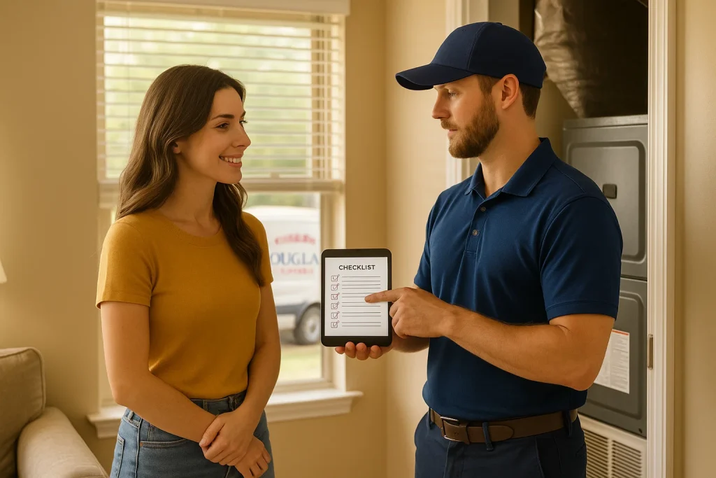 HVAC technician and homeowner discussing end of summer checklist.