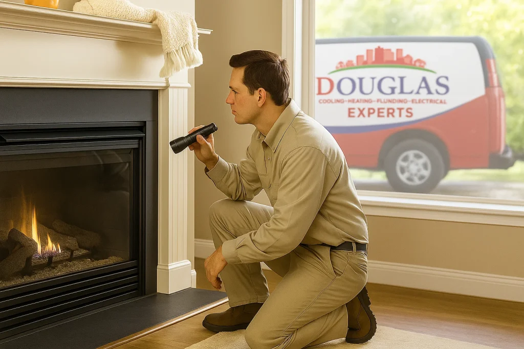Technician inspects natural gas fireplace in Birmingham living room during fall