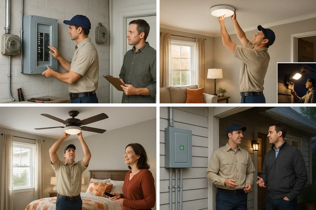 four panel graphic showing electrical panel upgrade, LED and motion lighting install, ceiling fan reversed for fall, and whole-house surge protection with generator