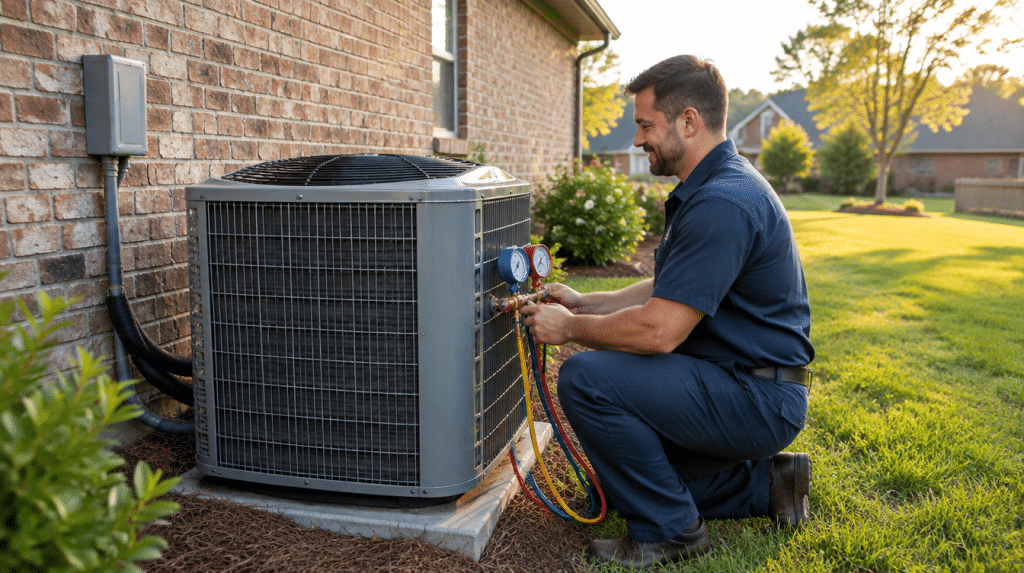 Technician checking an outdoor HVAC condenser at a Birmingham-area home during fall maintenance
