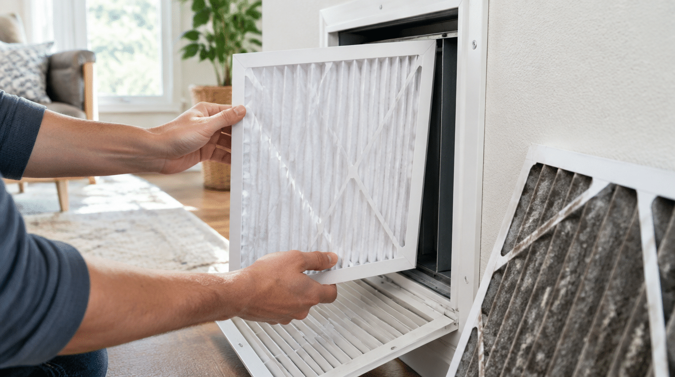 Homeowner replacing a dirty HVAC air filter with a clean pleated filter