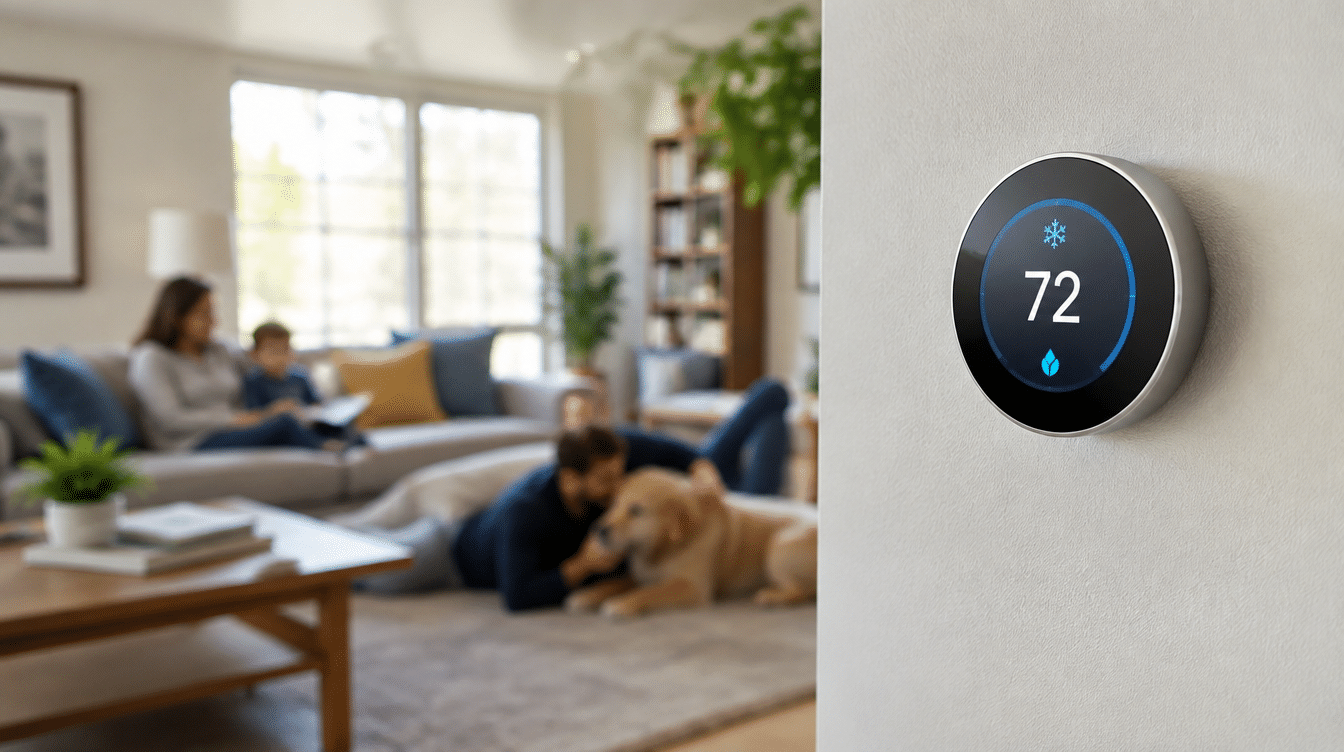Smart thermostat on a living room wall set for fall temperatures