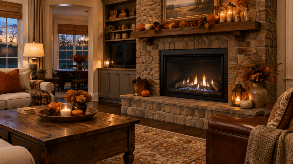 Gas fireplace burning with a clean blue and yellow flame in a cozy Birmingham living room