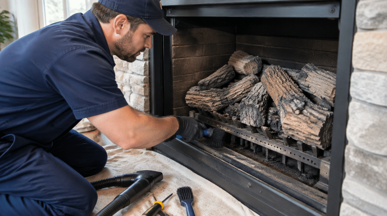 Technician cleaning the burner and logs of a gas fireplace during a service visit