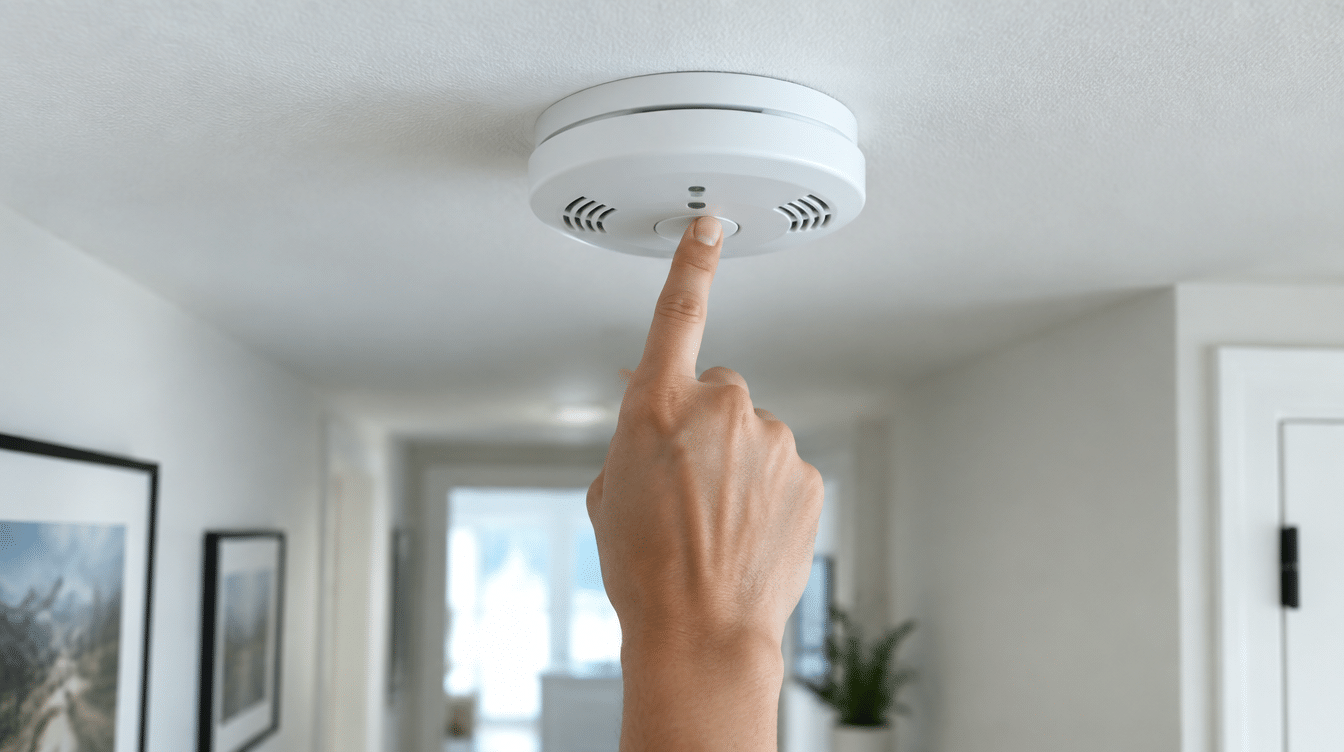 Homeowner testing a carbon monoxide detector before using the gas fireplace