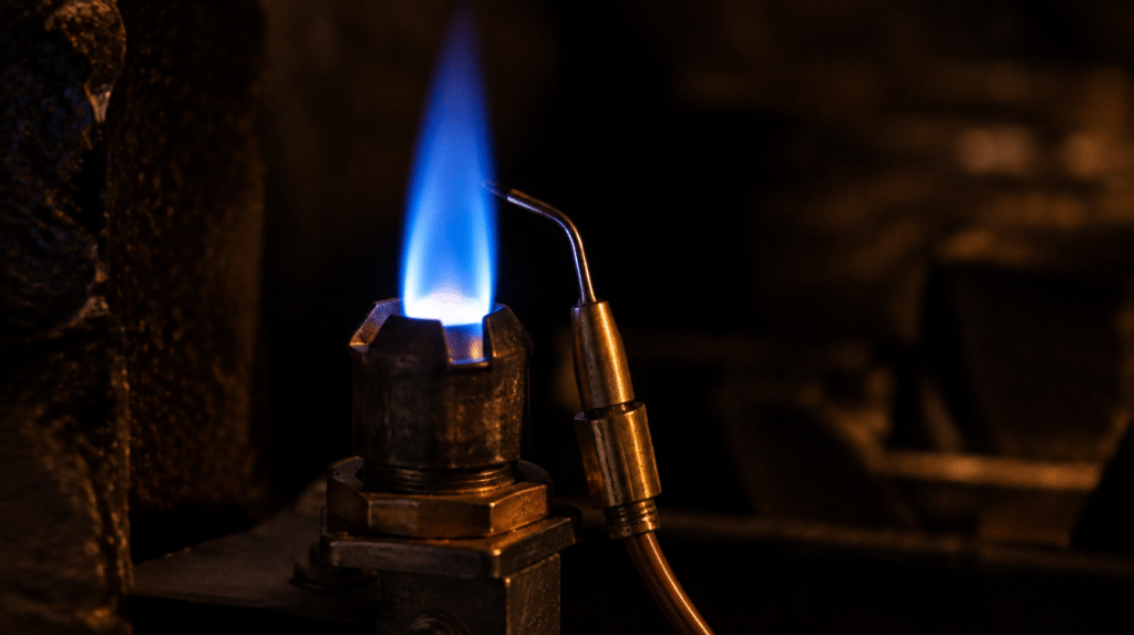 Steady blue gas fireplace pilot flame next to the thermocouple