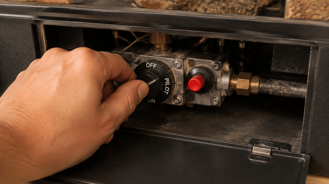Homeowner turning a gas fireplace control knob to the pilot setting behind the access panel