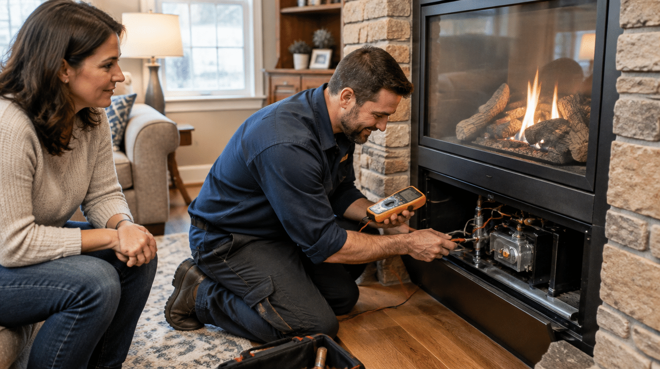 Technician testing a gas fireplace that won't stay lit while the homeowner watches