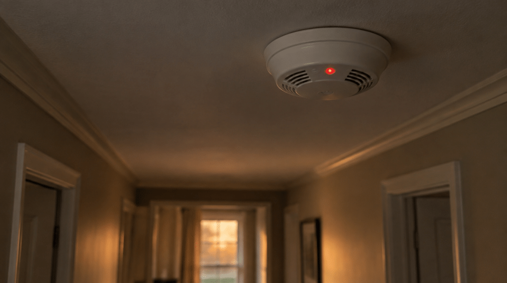 Carbon monoxide alarm with a glowing red light on the hallway ceiling outside bedrooms in a Birmingham-area home