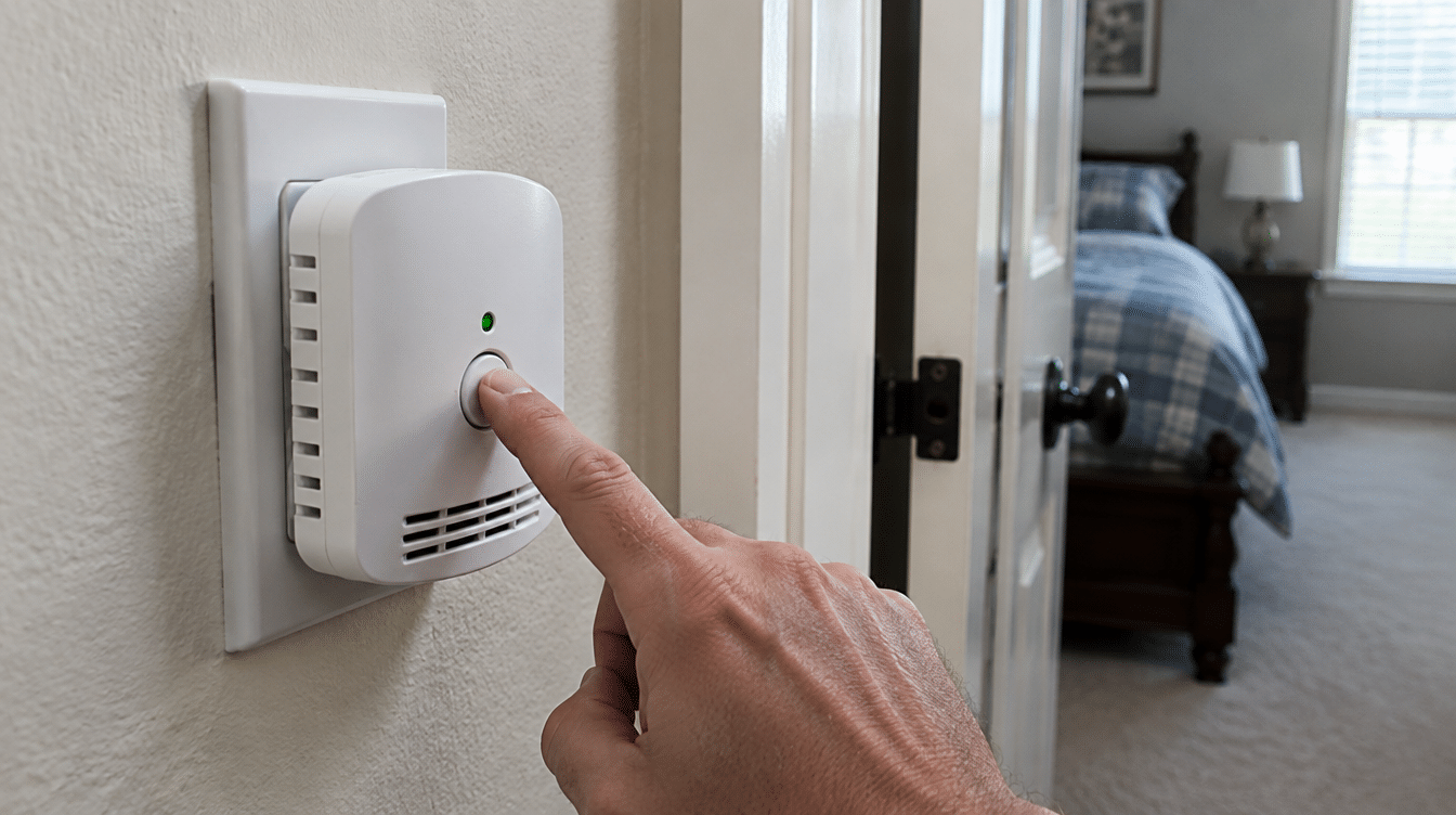 Homeowner pressing the test button on a plug-in carbon monoxide alarm near a bedroom door
