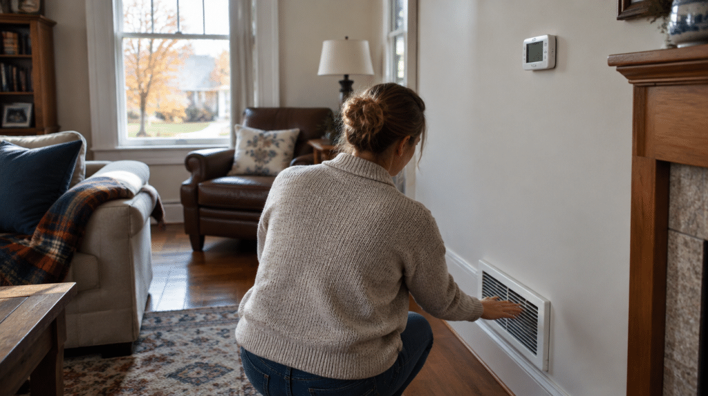 Homeowner holding a hand over a floor heating vent to check if the furnace is blowing hot air on a chilly morning
