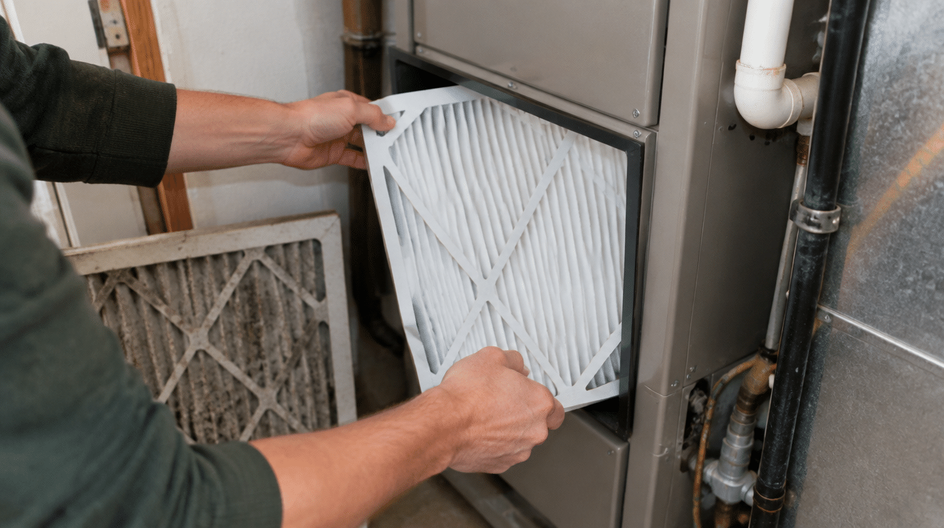 Hands sliding a clean pleated air filter into a gas furnace, with the dirty old filter set aside