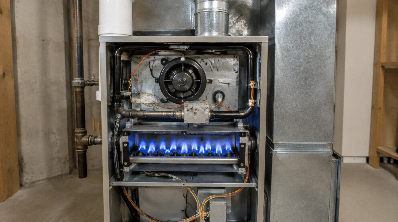 Gas furnace with the front panel off showing a steady blue burner flame in a utility closet
