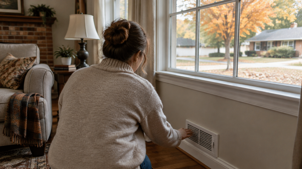 Homeowner holding a hand over a floor vent to check if the furnace is blowing cold air on a fall morning