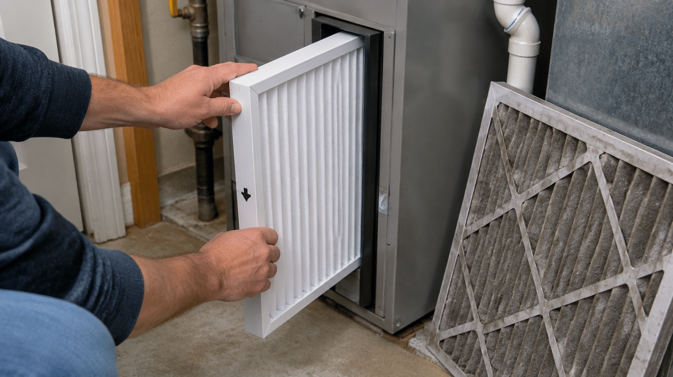 Hands sliding a clean pleated air filter into a gas furnace, with a dirty used filter nearby