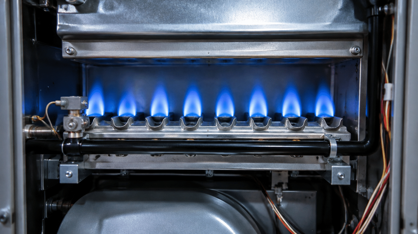 Steady blue flames on the burners inside a residential gas furnace