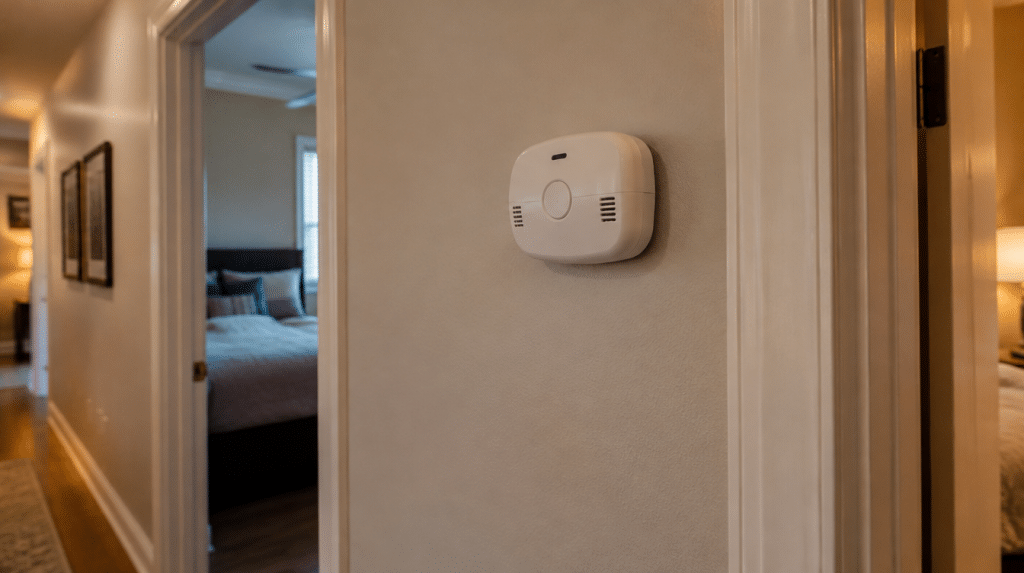 Carbon monoxide alarm mounted on a hallway wall outside the bedrooms of a suburban home