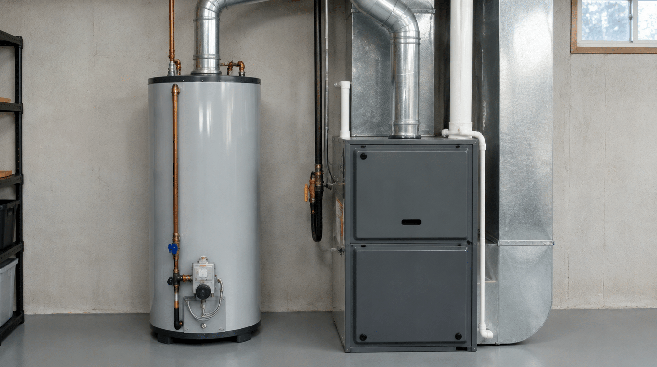 Gas water heater and furnace with properly connected metal vent pipes in a clean utility area