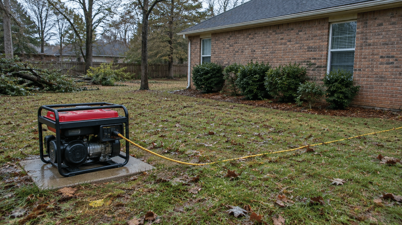 Portable generator running safely outdoors, well away from the windows and doors of a brick home